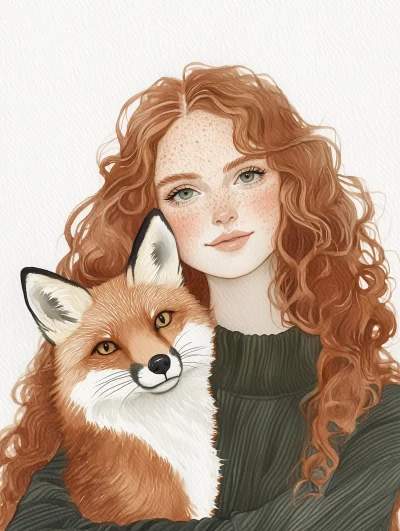 Curly Red Hair Woman with Fox