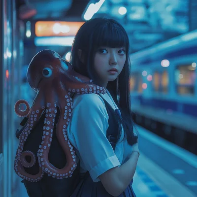 Girl with Octopus at Bus Stop