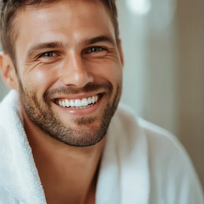 Smiling Athletic Man in Bathrobe