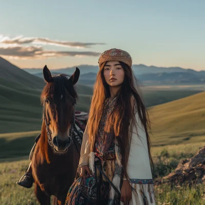 Mongolian Woman on Mountain