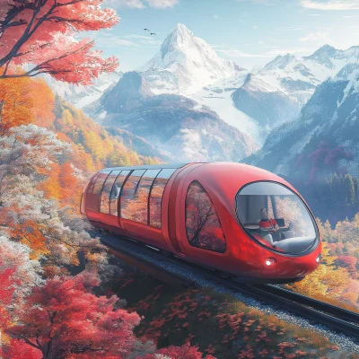 Modern Red Train in Mountain Landscape