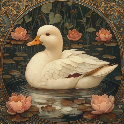 Art Nouveau Duck in a Pond