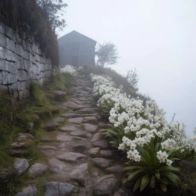 Foggy Rocky Road with Orchids