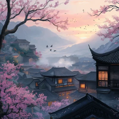 Serene Chinese Village at Sunrise