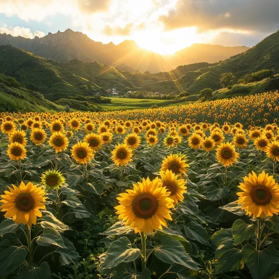 Sunflower Field with Mountains