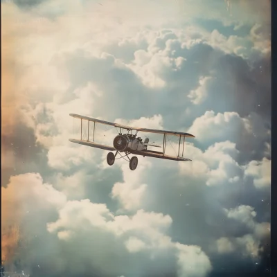 Biplane Emerging from Clouds