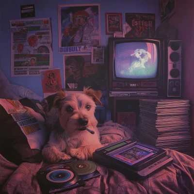 Cute Terrier in Vintage Bedroom