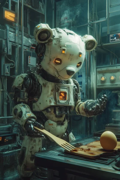 Cyberpunk Bear Robot Cooking