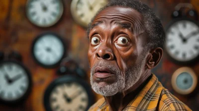 Elderly Man with Clocks