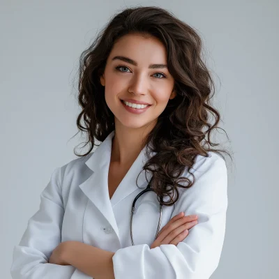 Smiling Young Woman in Medical Coat