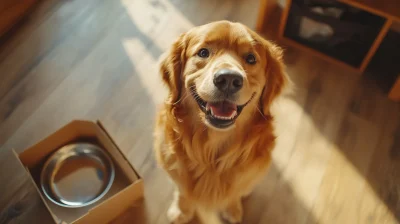 Golden Retriever with Food Bowl