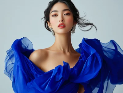 Elegant Japanese Woman in Blue Dress