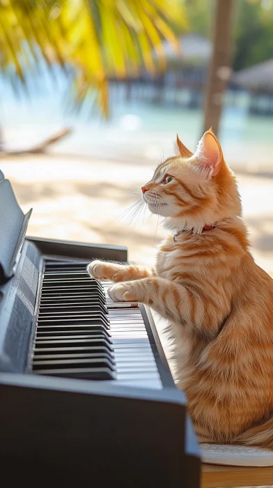 Cat Playing Piano on the Beach