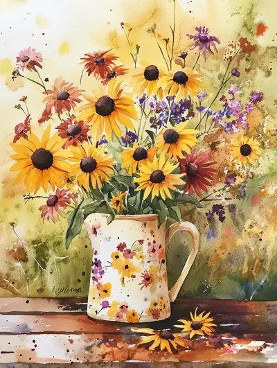 Watercolor Asters and Black Eyed Susans