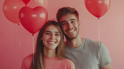 Happy Couple with Heart Balloons