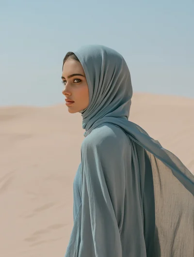 Woman in Blue Dress in Dubai Desert