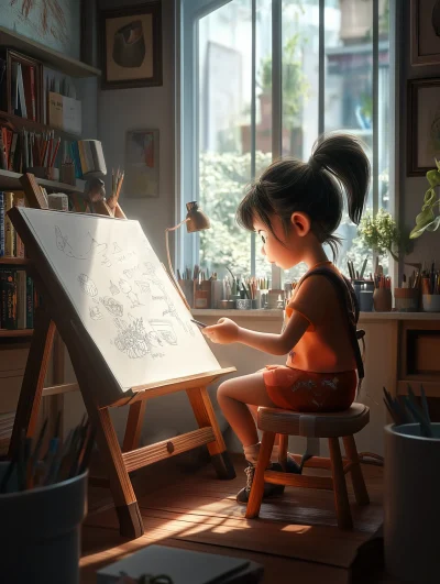 Chinese Girl Drawing in Cartoon Style