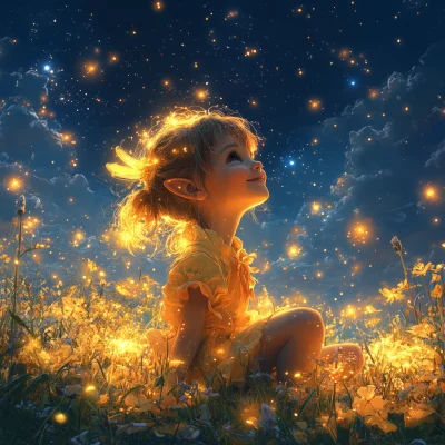 Cheerful Fairy in a Starlit Meadow