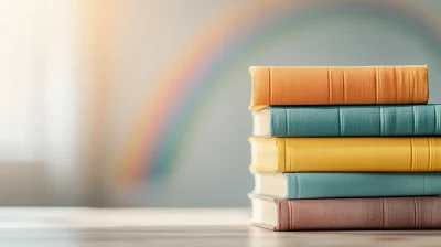 Colorful Book Stack with Rainbow