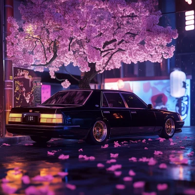 Cartoonish Toyota Century Under Cherry Blossoms