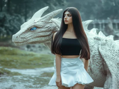 Woman with Dragon in Enchanted Forest