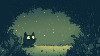 Moonlit Cat and Fireflies