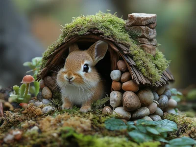 Cute Rabbit in Wooden House