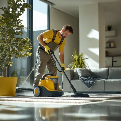 Man Vacuuming in Open Space