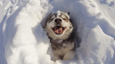 Happy malamute in snow