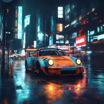 1980s Porsche Race Car in Neon Rain