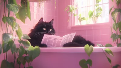 Fluffy Black Cat in Pink Bathroom