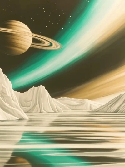 Icy Landscape with Ringed Planet