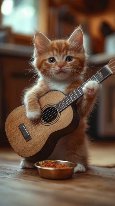 Playful Kitten with Guitar