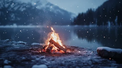 Bonfire on a Snowy Lake