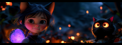 Little Girl Witch with Kitty