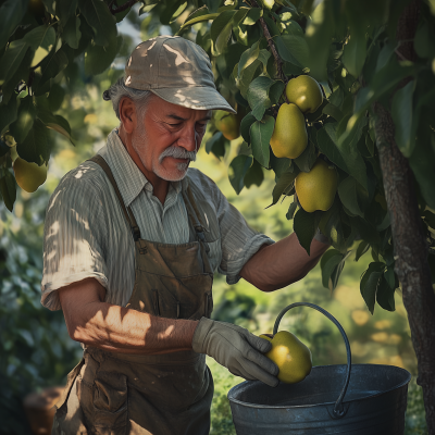 Grandfather Harvesting Pears