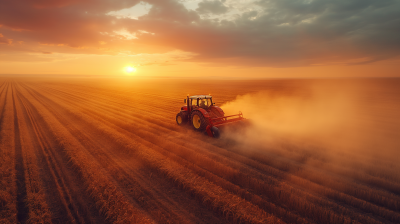 Drone Shot of Tractor at Sunrise