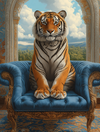 Smiling Tiger on Velvet Sofa