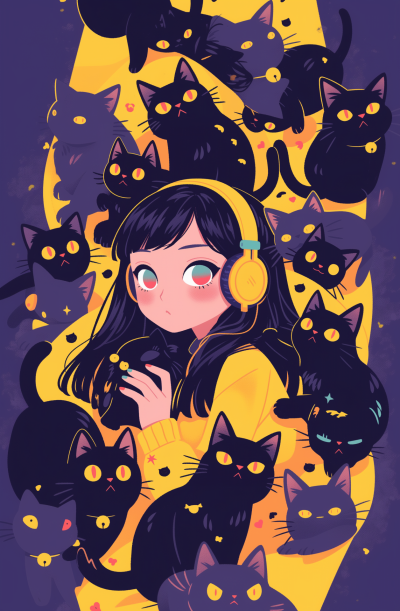 Chibi Girl with Cats