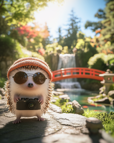 Adventurous Hedgehog in Japanese Garden