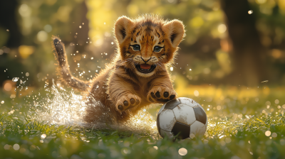 Joyful Baby Lion Cub Playing Soccer