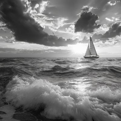 Black and White Sunset with Sailboat