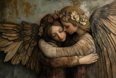 Angels Embracing in Decopunk Style