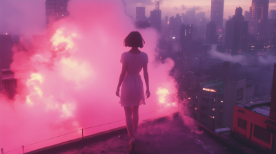 Girl Walking Through Pink Fire