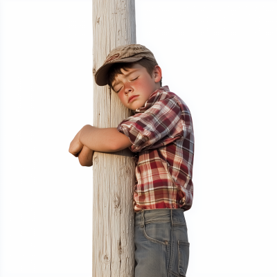 Country Boy Hugging Pole