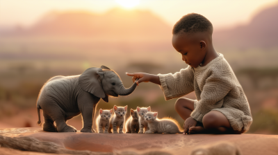 Tiny Elephant and Playful Kittens