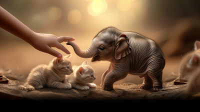 Tiny Elephant and Playful Kittens