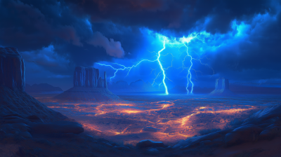 Blue Lightning Storm Over Desert