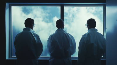 Three Scientists Observing Through a Window