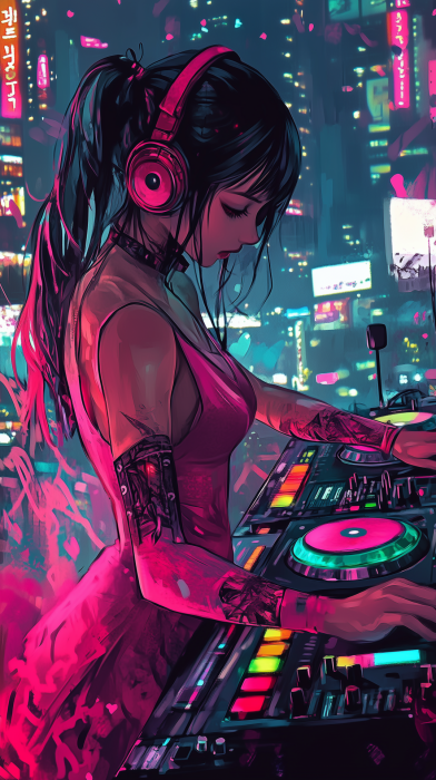 DJ Korean Girl in Cyberpunk Style